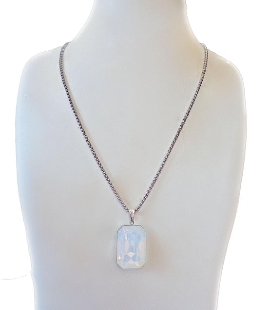 Crystal  large rectangular pendant necklace white opal,stainless steel