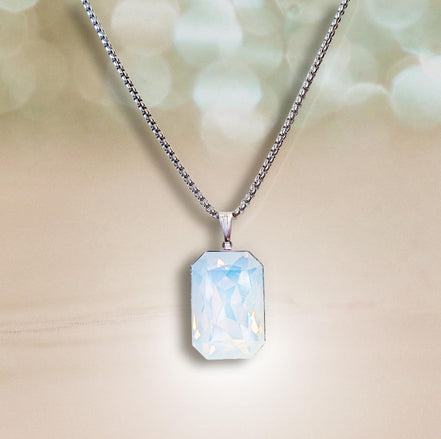 Crystal  large rectangular pendant necklace white opal,stainless steel