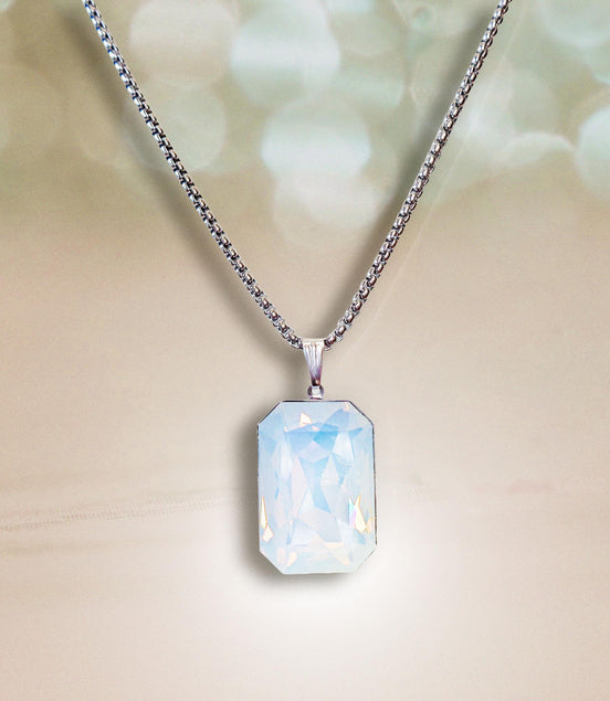 Crystal  large rectangular pendant necklace white opal,stainless steel