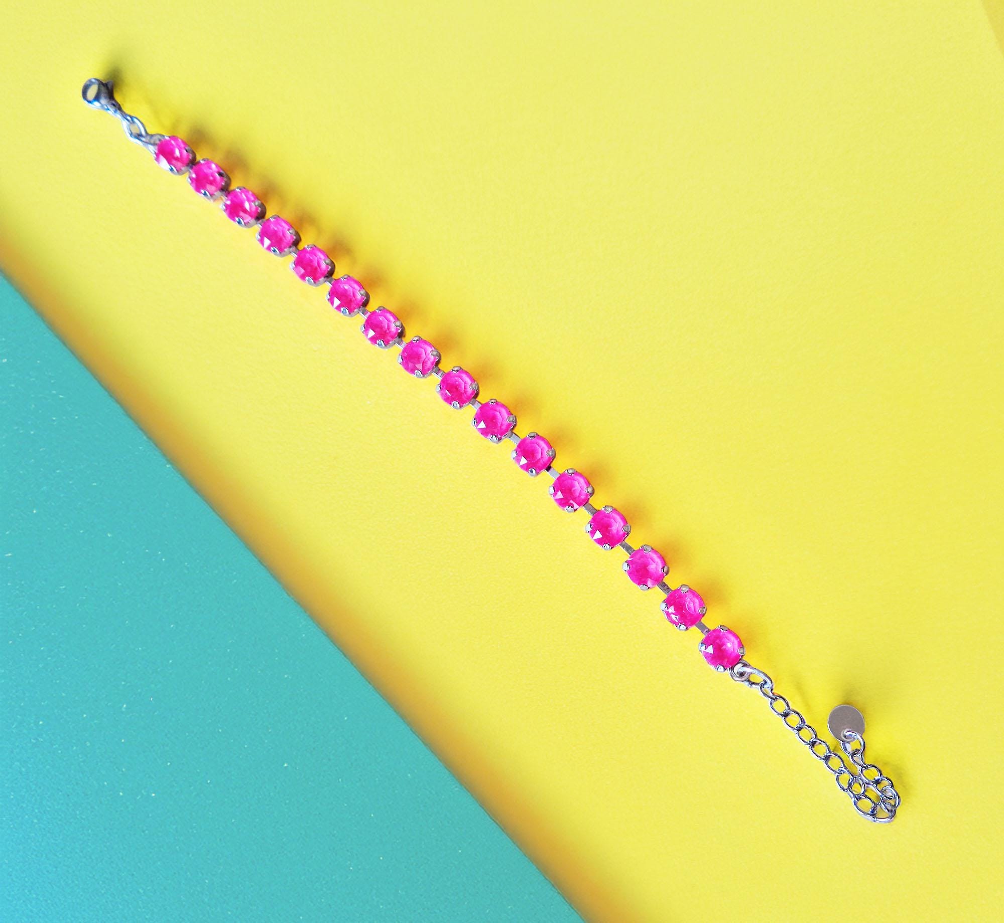 Austrian crystal  tennis bracelet electric pink,rhodium silver