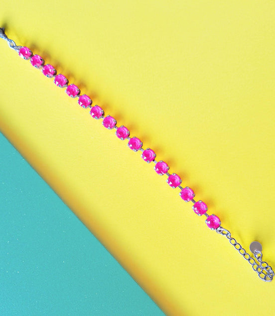 Austrian crystal  tennis bracelet electric pink,rhodium silver