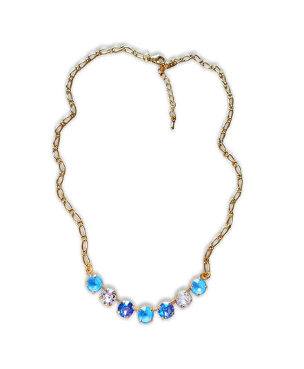 Crystal chain necklace light blue,clear crystal,yellow gold