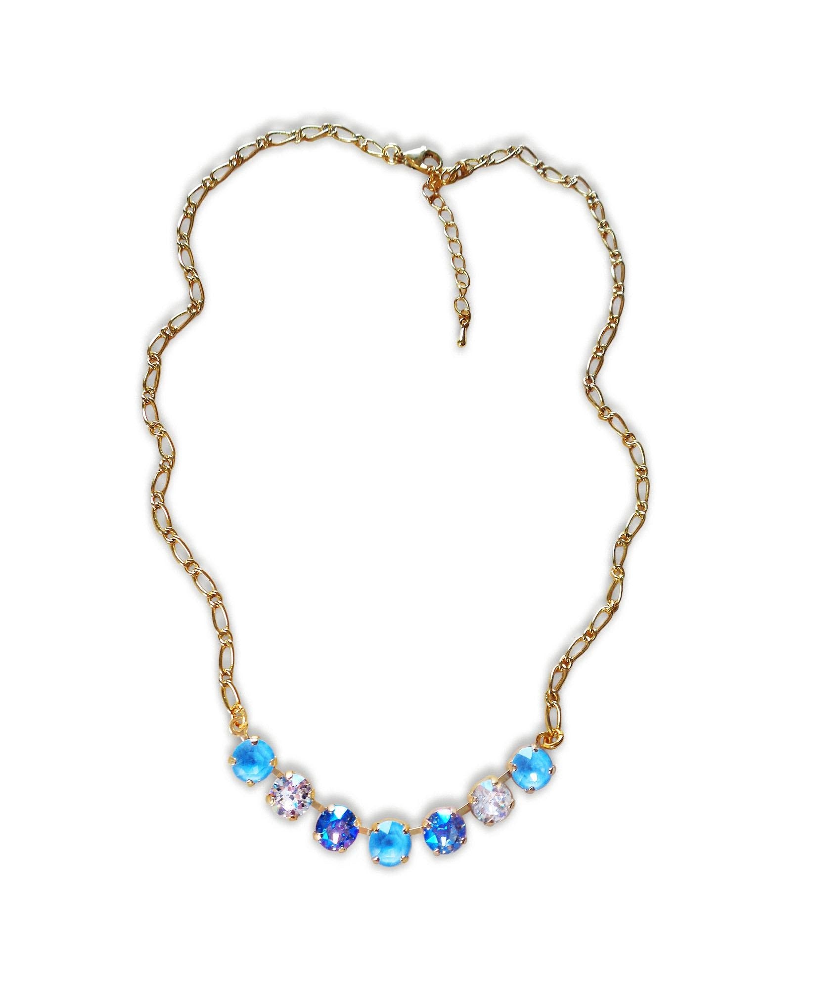 Crystal chain necklace light blue,clear crystal,yellow gold