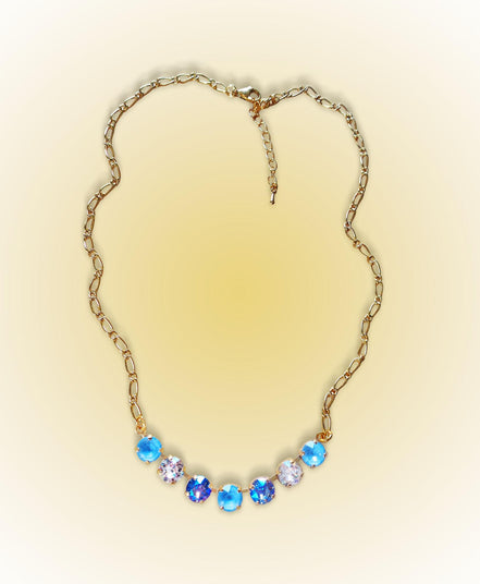 Crystal chain necklace light blue,clear crystal,yellow gold