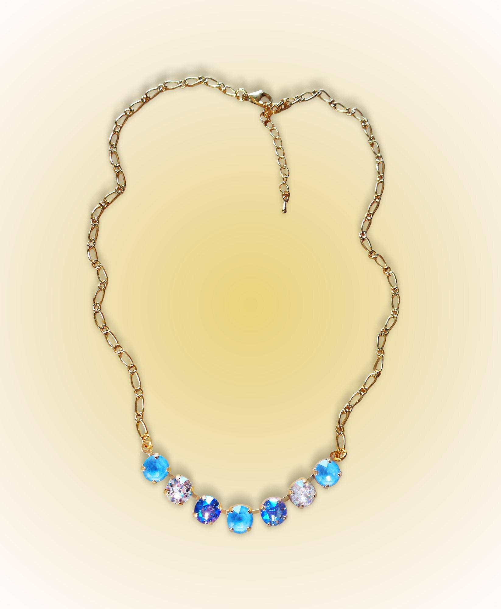 Crystal chain necklace light blue,clear crystal,yellow gold