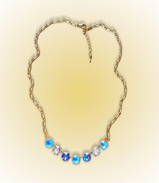 Crystal chain necklace light blue,clear crystal,yellow gold