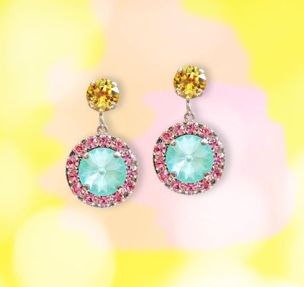 Crystal  stud and drop halo earrings,soft mint,light topaz