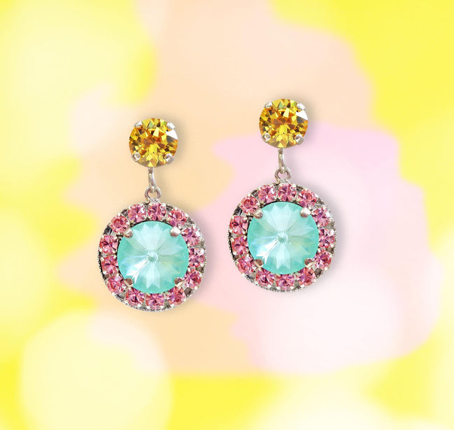 Crystal  stud and drop halo earrings,soft mint,light topaz