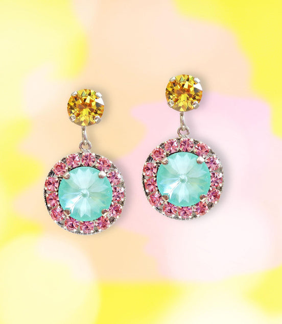 Crystal  stud and drop halo earrings,soft mint,light topaz