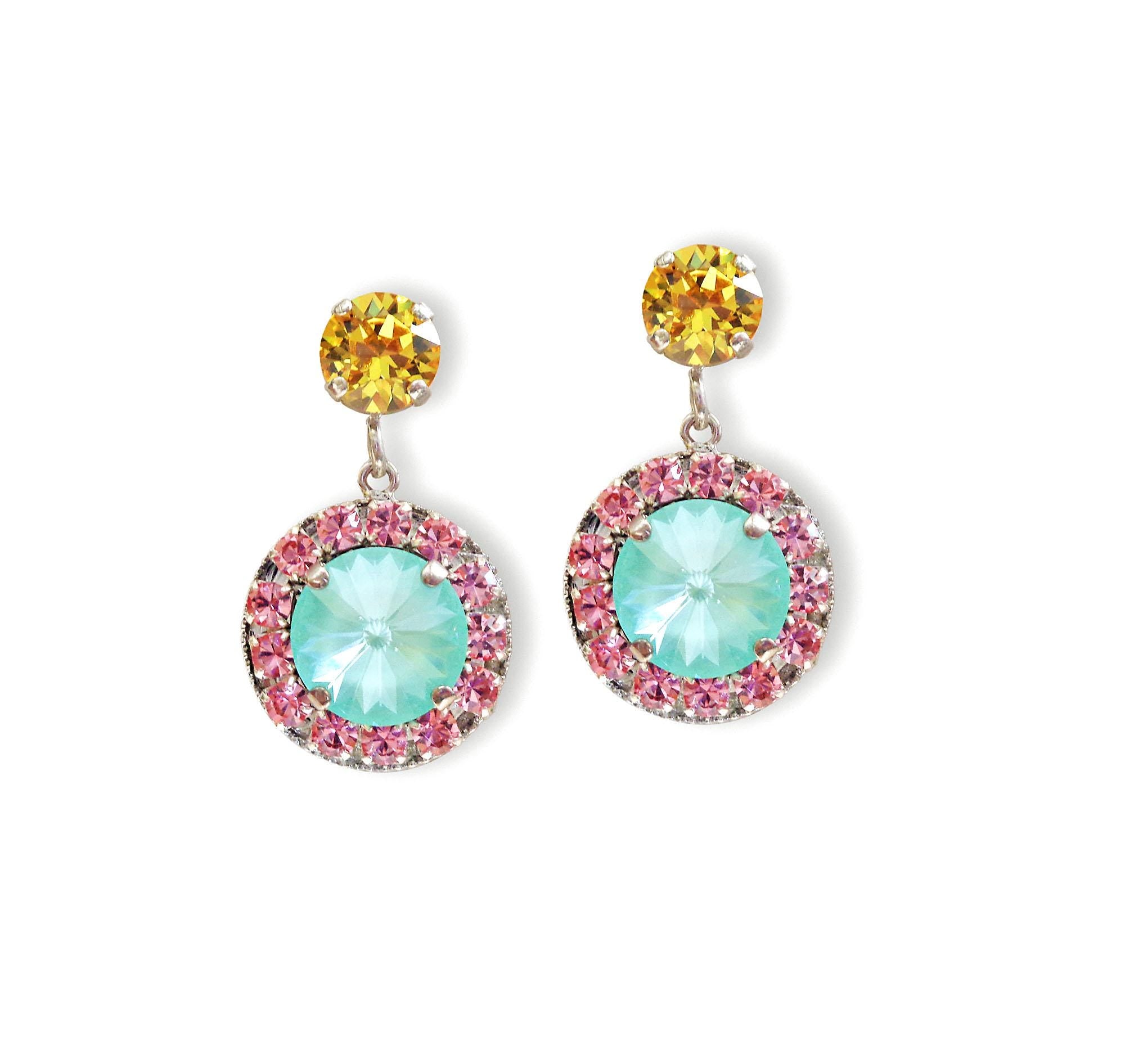 Crystal  stud and drop halo earrings,soft mint,light topaz