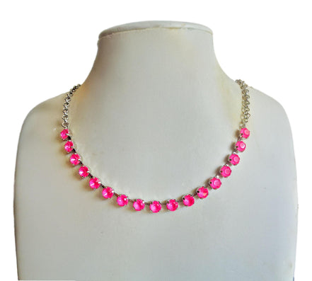 Crystal chain necklace  electric pink,rhodium silver