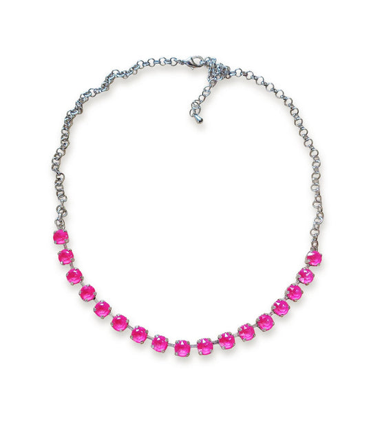 Crystal chain necklace  electric pink,rhodium silver
