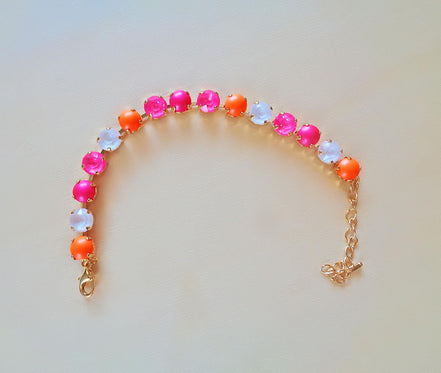 Austrian crystal  and pearls  bracelet neon pink ,neon orange,gold plated