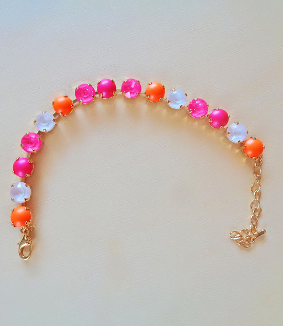 Austrian crystal  and pearls  bracelet neon pink ,neon orange,gold plated
