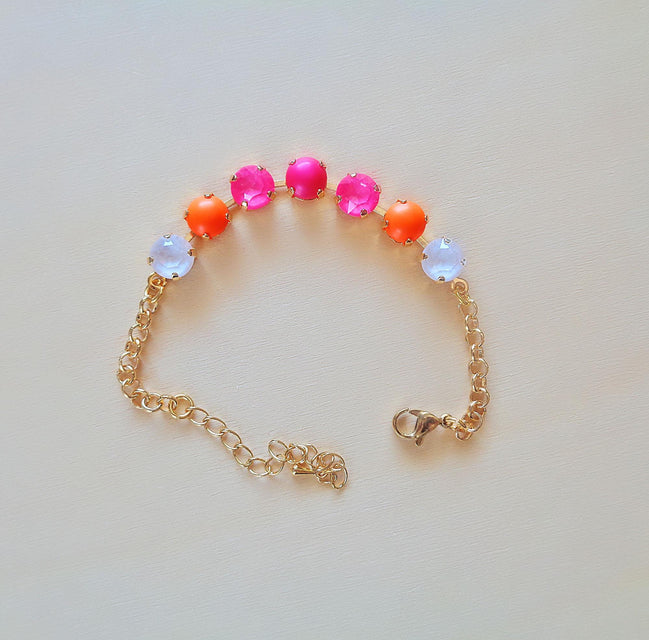 Austrian crystal  and pearls  bracelet neon pink ,neon orange,gold plated