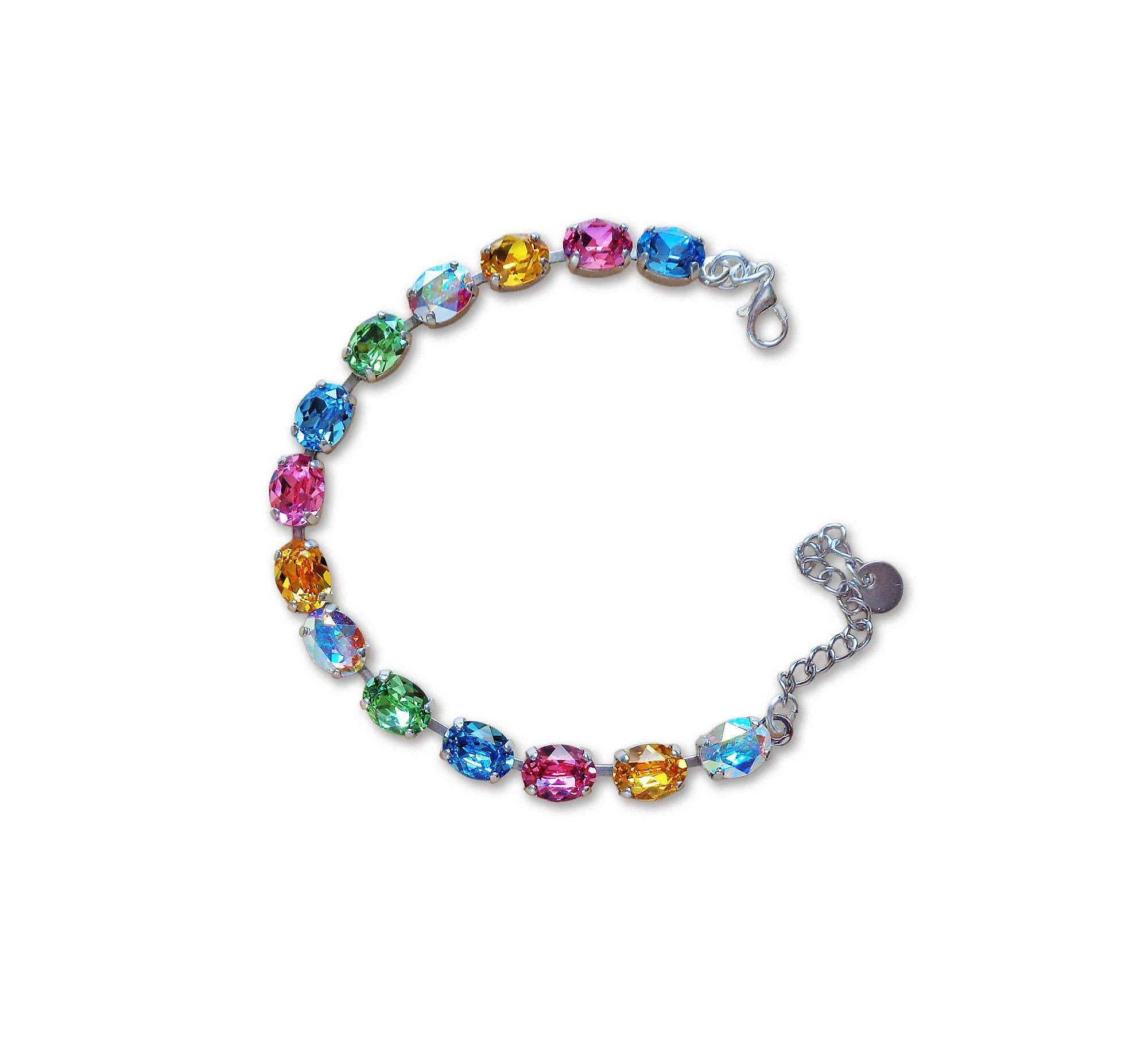 Austrian crystal oval stones  tennis style bracelet multicolour,rhodium silver