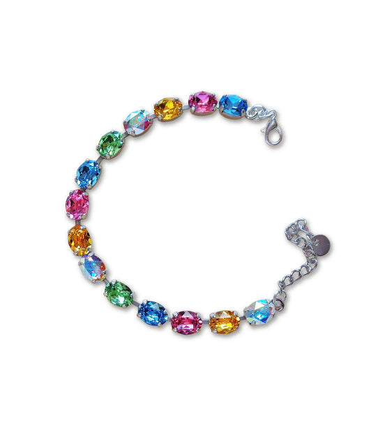 Austrian crystal oval stones  tennis style bracelet multicolour,rhodium silver