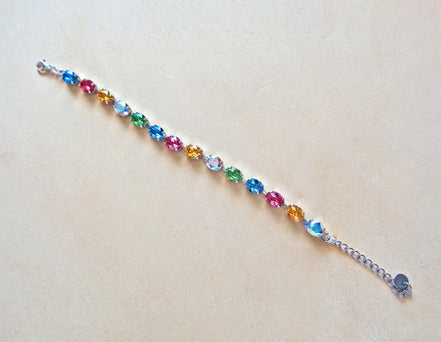 Austrian crystal oval stones  tennis style bracelet multicolour,rhodium silver