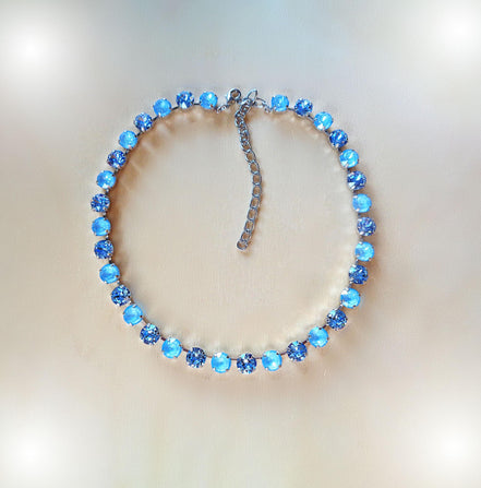 SOMETHING BLUE crystal  tennis style necklace, light blue,rhodium silver