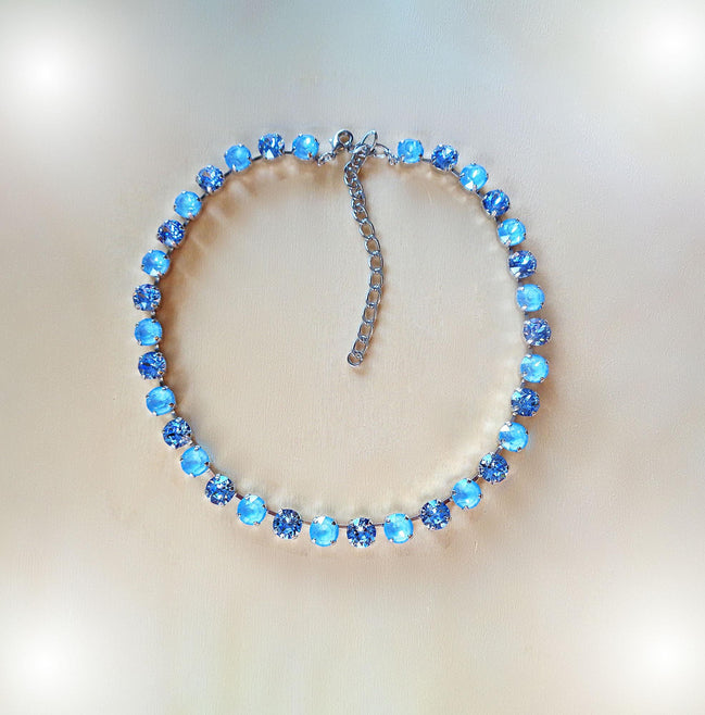 SOMETHING BLUE crystal  tennis style necklace, light blue,rhodium silver