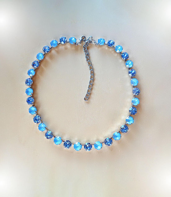 SOMETHING BLUE crystal  tennis style necklace, light blue,rhodium silver