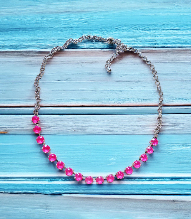 Crystal chain necklace  electric pink,rhodium silver