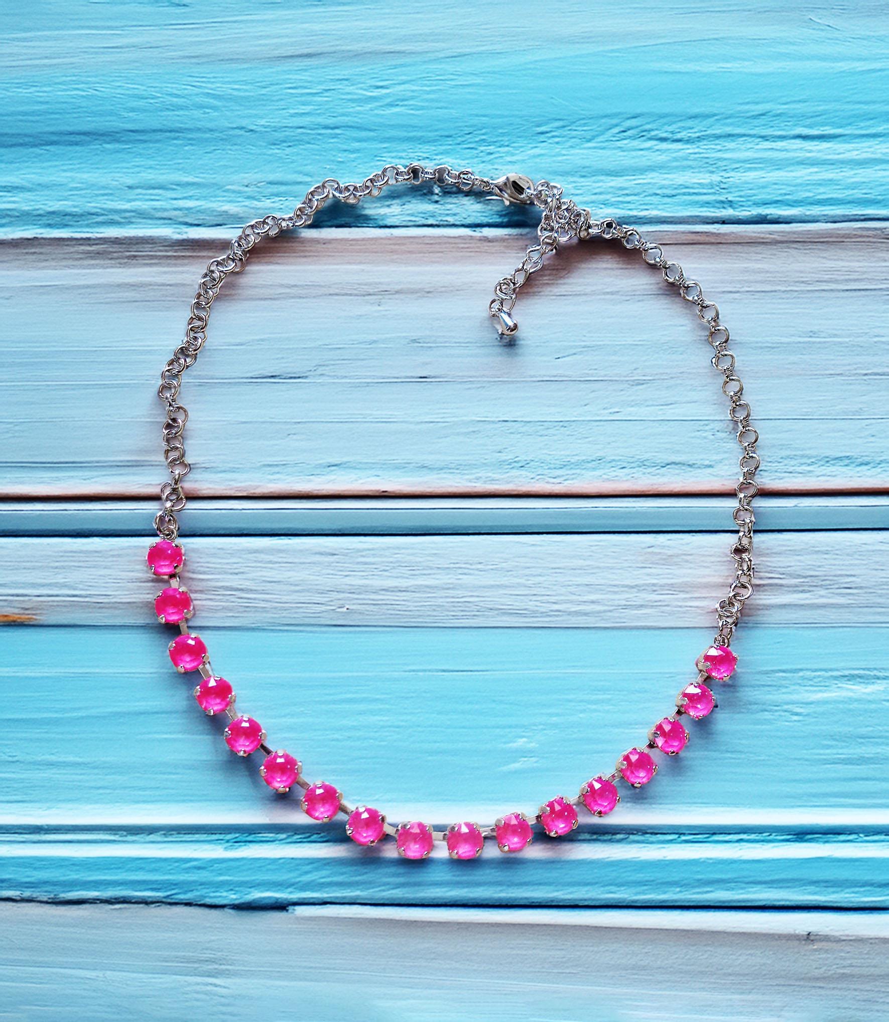 Crystal chain necklace  electric pink,rhodium silver