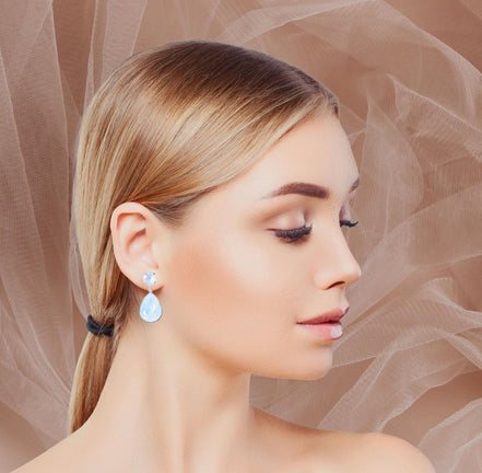 Crystal pear drop earrings,white opal ,silver plated