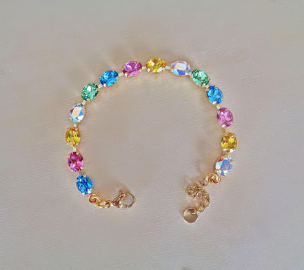 Austrian crystal oval stones  tennis style bracelet multicolour,rhodium silver