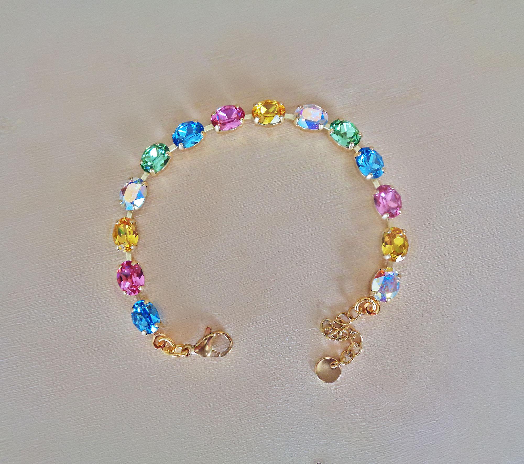 Austrian crystal oval stones  tennis style bracelet multicolour,rhodium silver