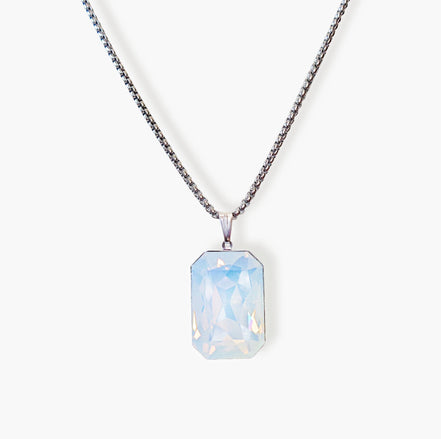 Crystal  large rectangular pendant necklace white opal,stainless steel