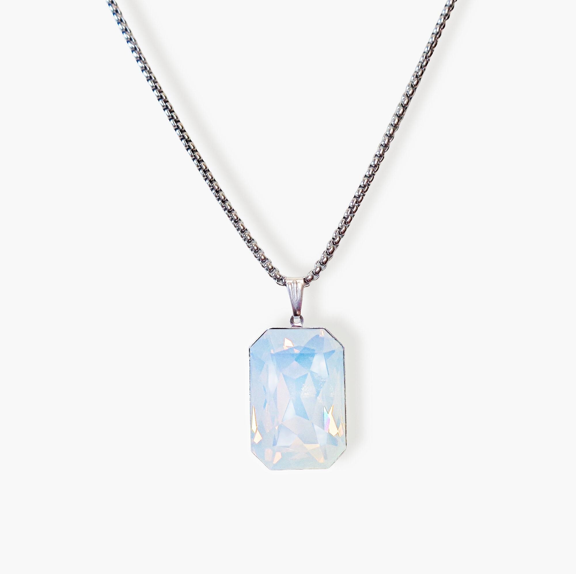 Crystal  large rectangular pendant necklace white opal,stainless steel