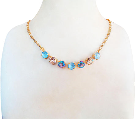 Crystal chain necklace light blue,clear crystal,yellow gold