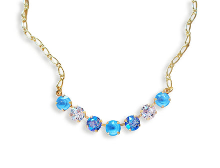 Crystal chain necklace light blue,clear crystal,yellow gold