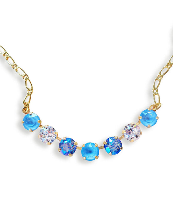 Crystal chain necklace light blue,clear crystal,yellow gold