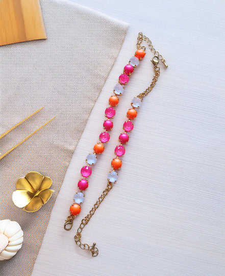 Austrian crystal  and pearls  bracelet neon pink ,neon orange,gold plated