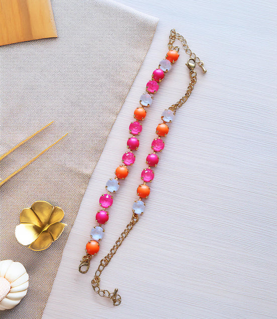 Austrian crystal  and pearls  bracelet neon pink ,neon orange,gold plated