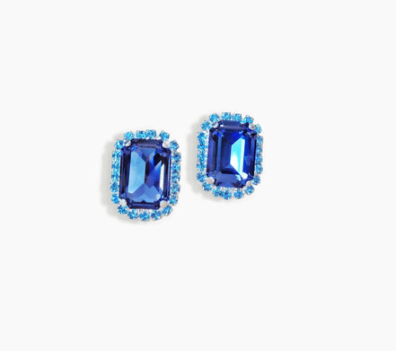 Crystal octagon halo stud  earrings  blue , silver plated