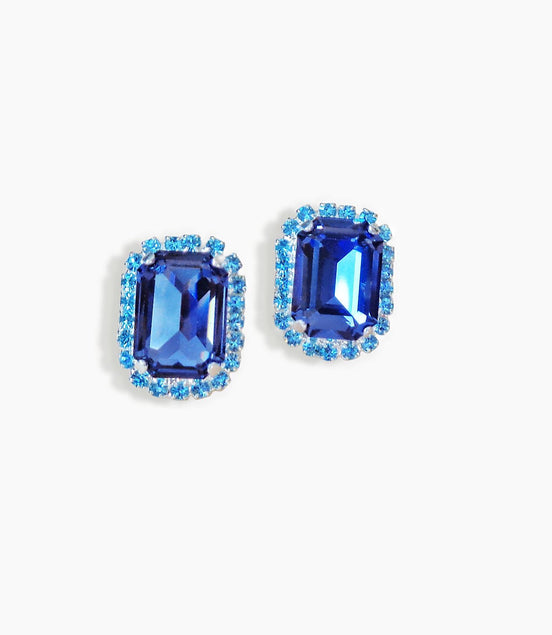 Crystal octagon halo stud  earrings  blue , silver plated