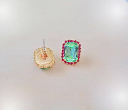 Crystal octagon halo stud  earrings  light  green , gold plated