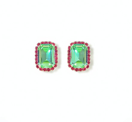 Crystal octagon halo stud  earrings  light  green , gold plated