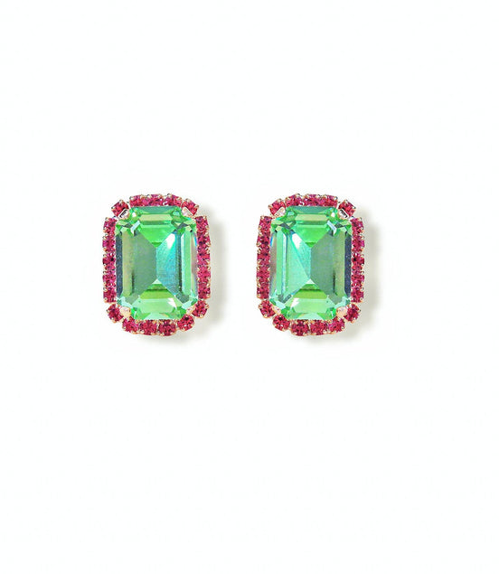 Crystal octagon halo stud  earrings  light  green , gold plated
