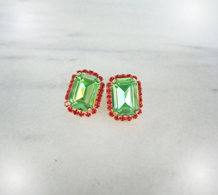 Crystal octagon halo stud  earrings  light  green , gold plated