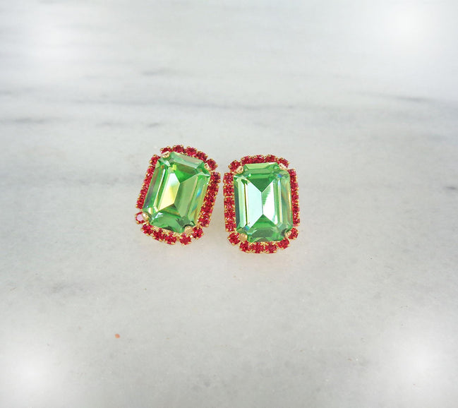Crystal octagon halo stud  earrings  light  green , gold plated