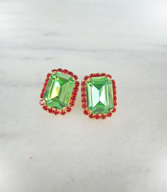 Crystal octagon halo stud  earrings  light  green , gold plated