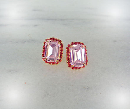 Crystal octagon halo stud  earrings  light rose, gold plated