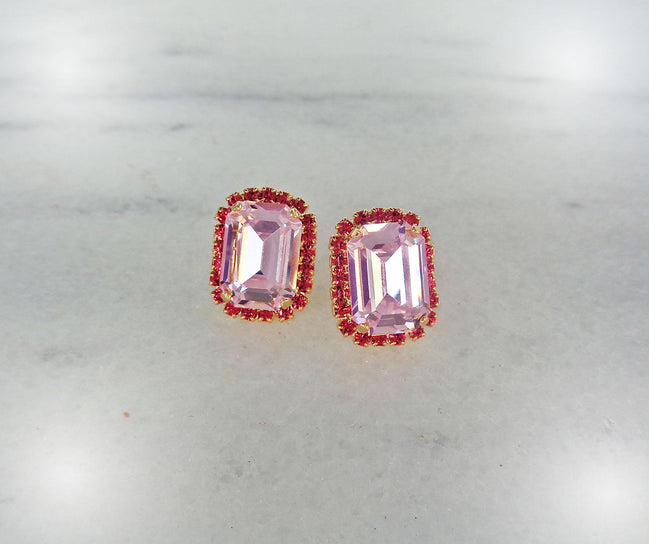 Crystal octagon halo stud  earrings  light rose, gold plated