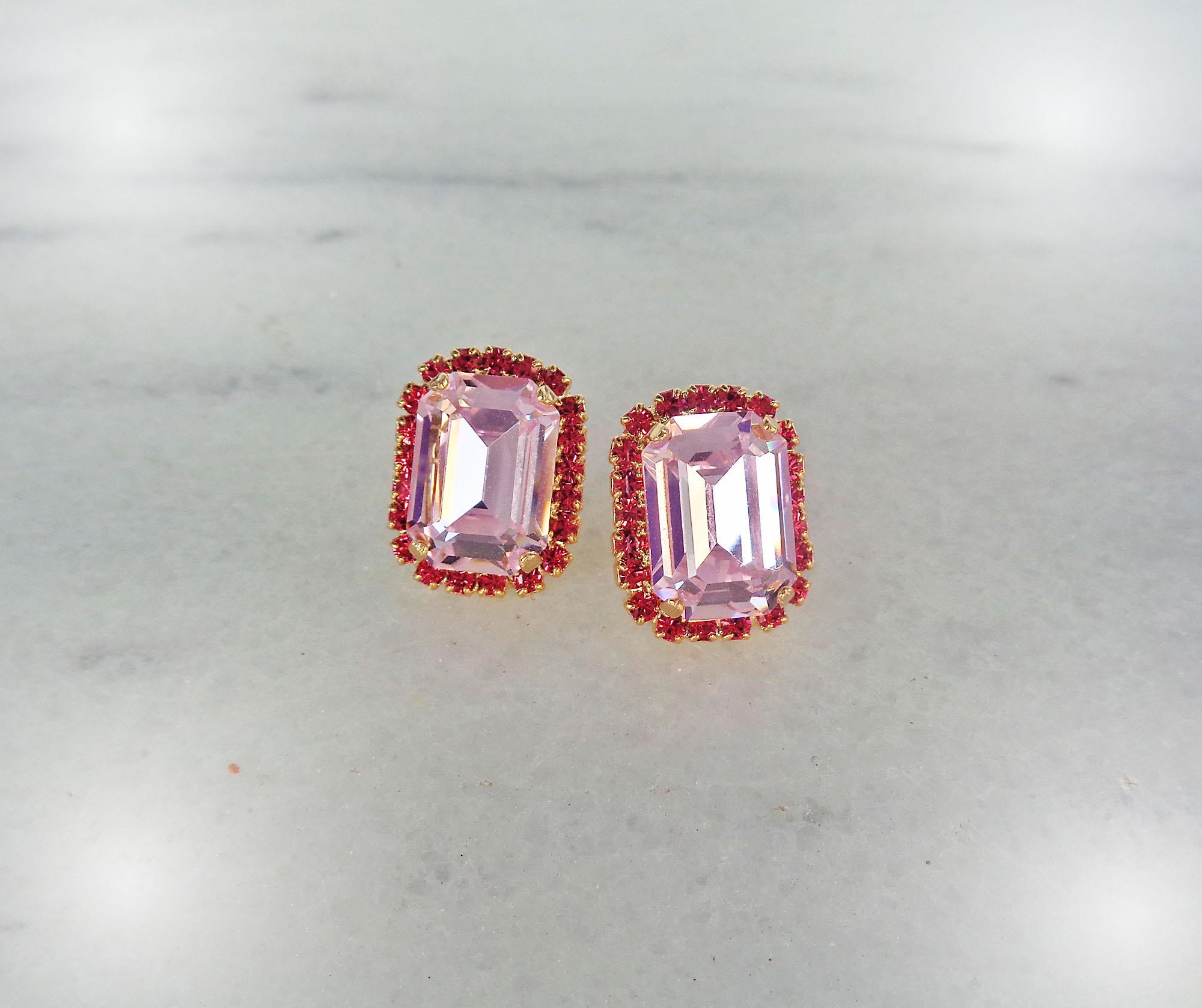 Crystal octagon halo stud  earrings  light rose, gold plated