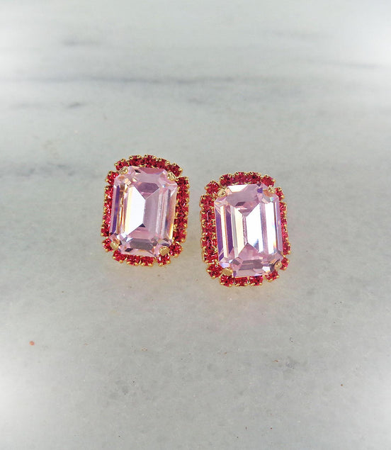 Crystal octagon halo stud  earrings  light rose, gold plated