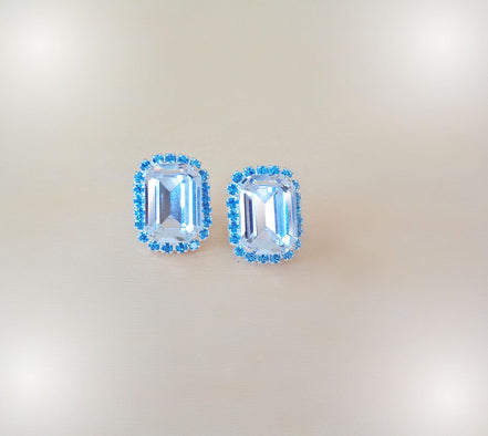 Crystal octagon halo stud  earrings clear crystal silver plated